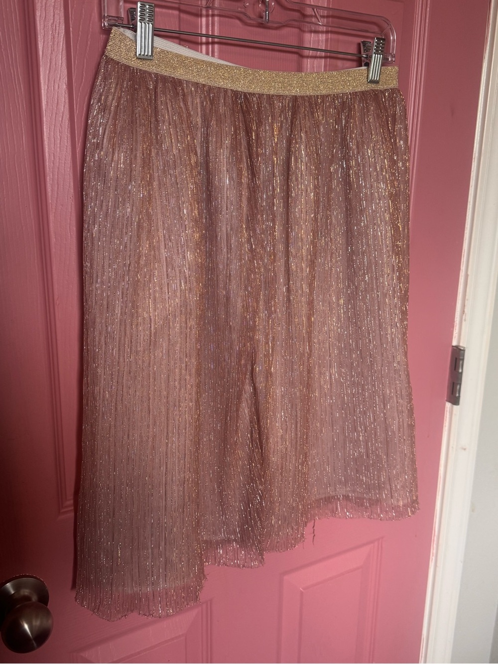 Shimmer Pleated Midi Skirt with Metallic Waistband - Pink
